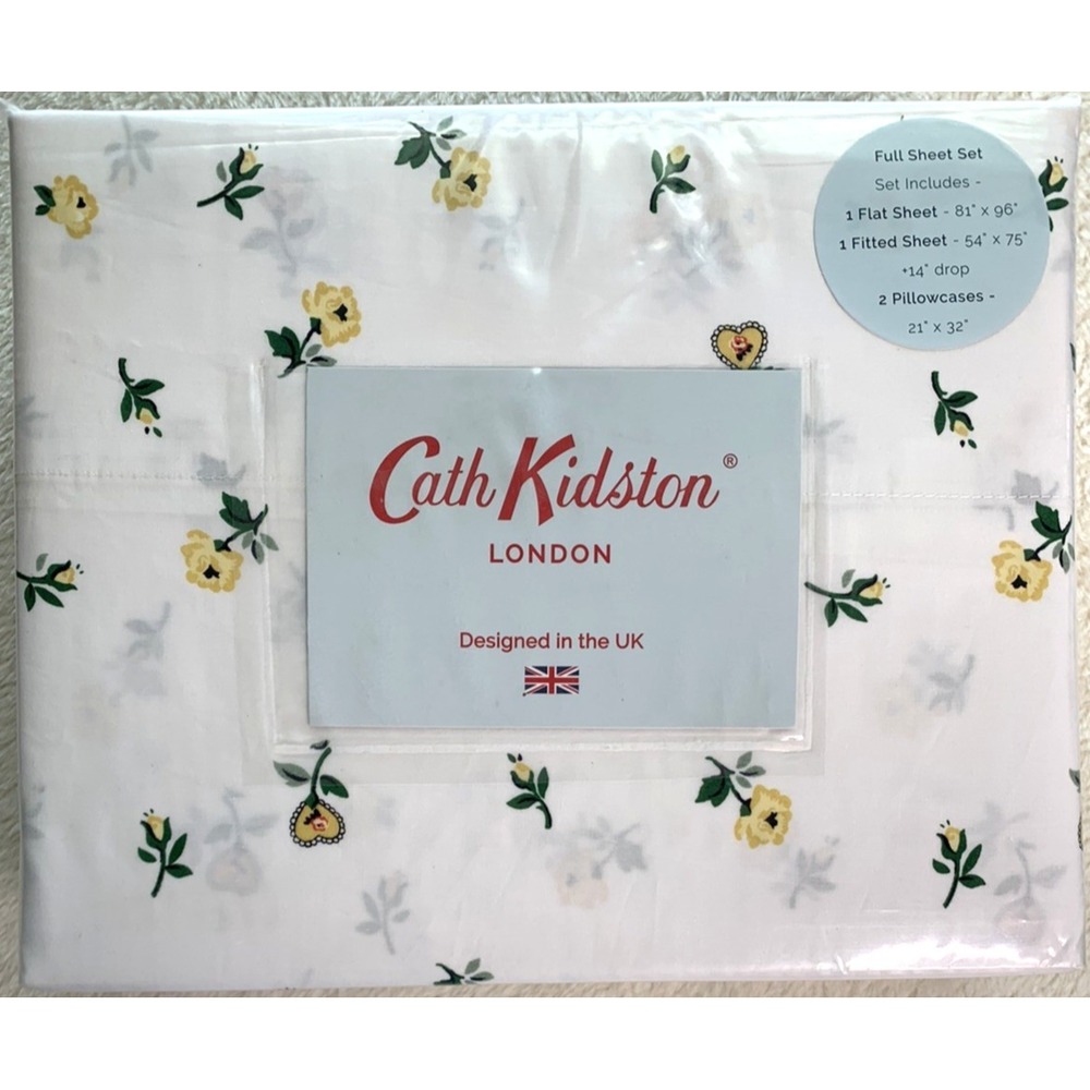 Cath Kidston London Cotton LACE DITSY LEMON Cottage 4pc FULL Sheet Set NWT